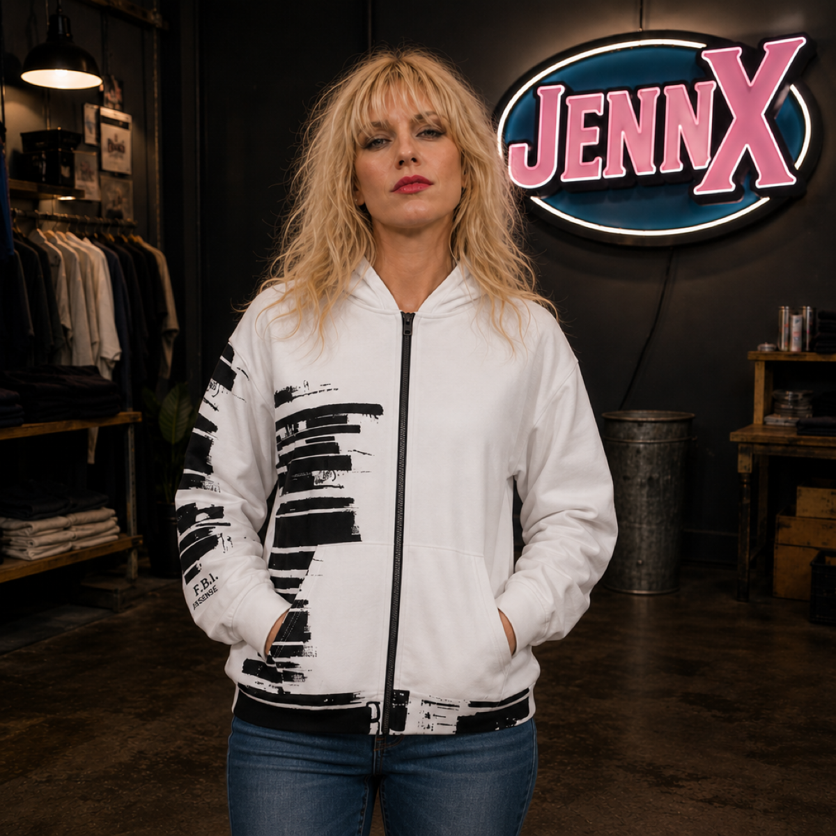 Original MFA-Designed Full-Zip Hoodie. jennXstuff hand-drawn Epstein "Files" graphic. Leftist streetwear featuring original, thick paint impasto texture and redacted 2026 headlines. Anti-Trump political archive. 100% human artist, not AI. High-fidelity.