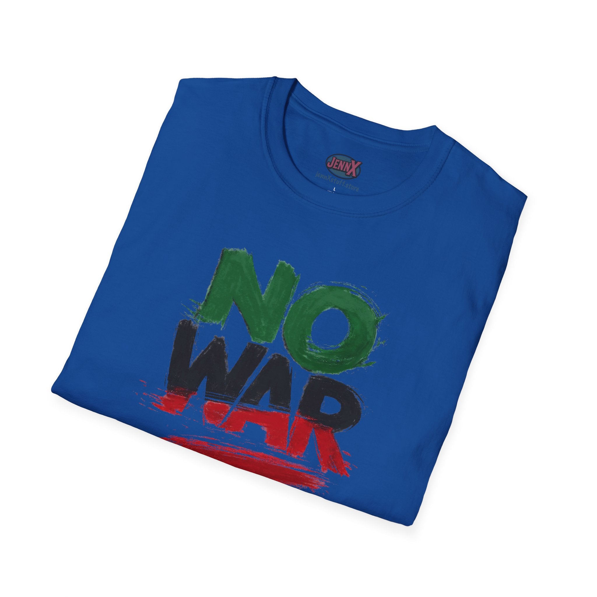 No War brushstroke design T-Shirt | Green Black Red anti-war slogan