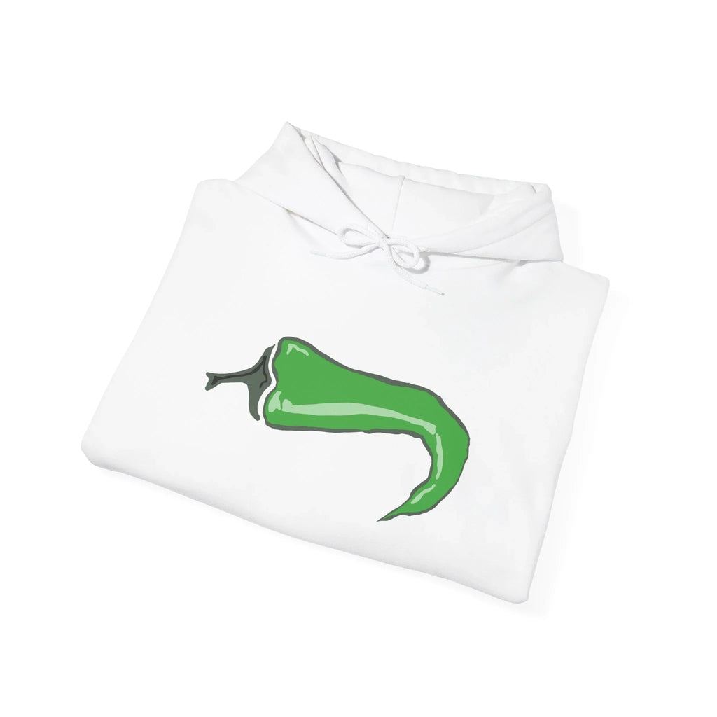 White hoodie with hand-drawn green chili pepper graphic, protest statement apparel