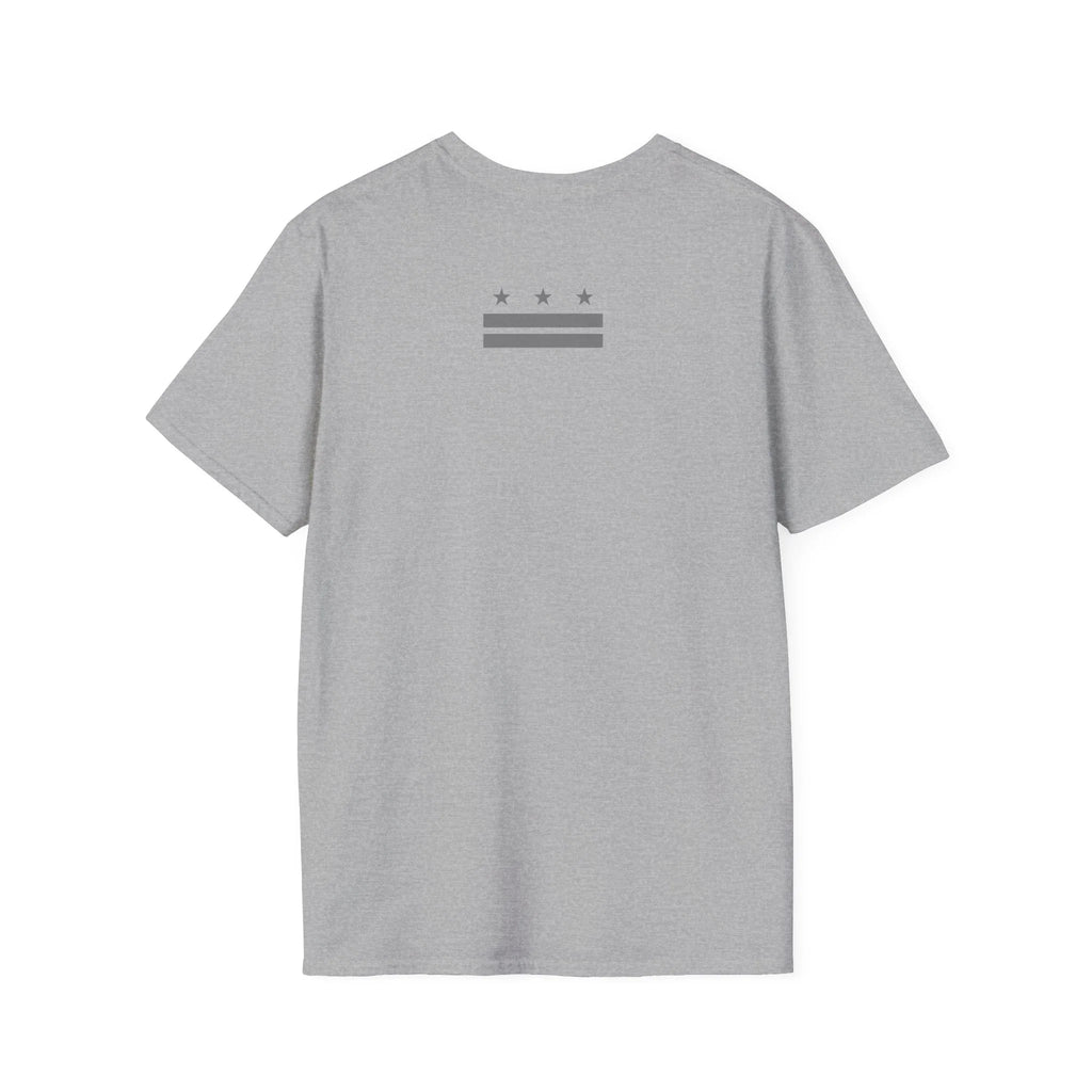 Gray protest t-shirt with minimalist stars and stripes graphic on back, activist apparel