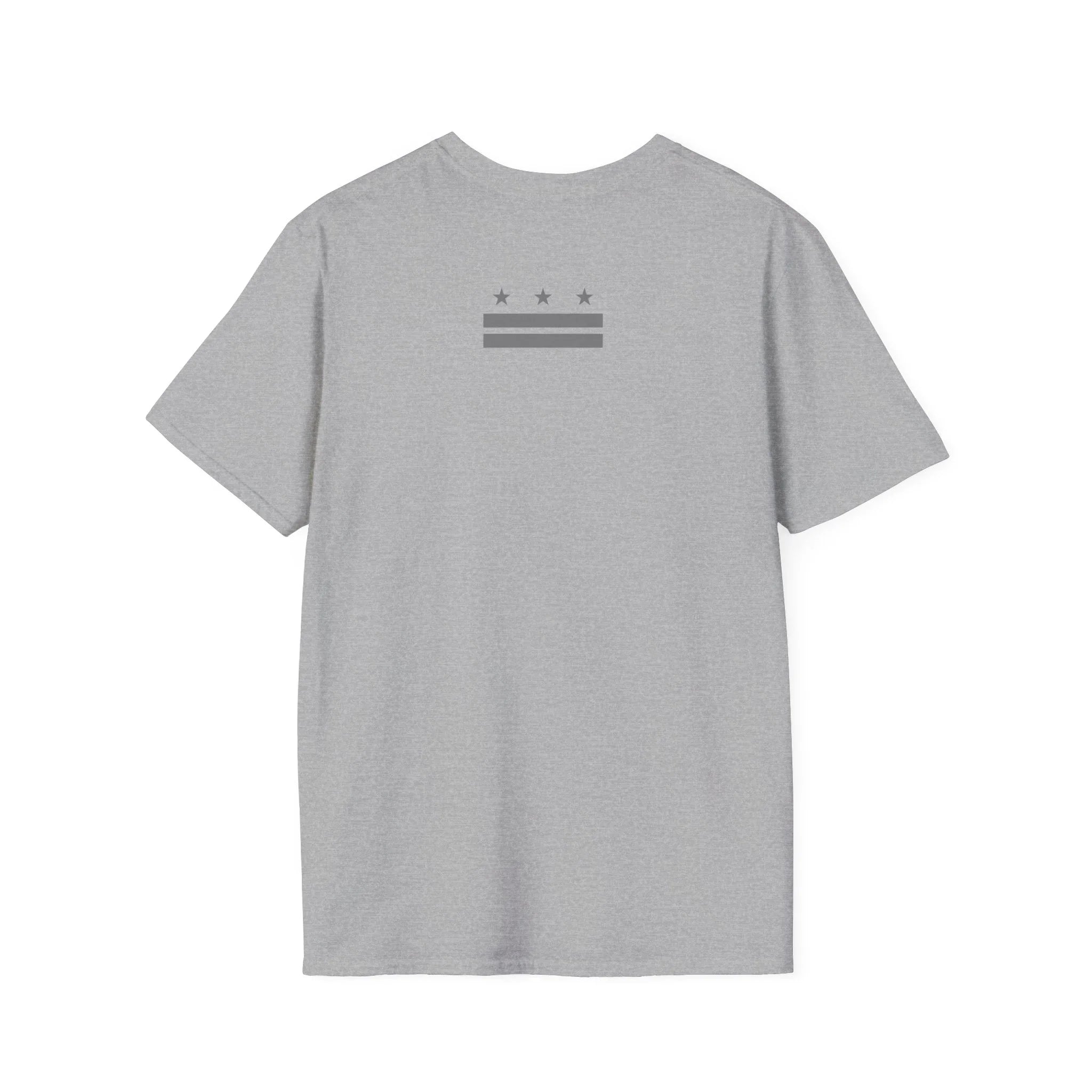 Gray protest t-shirt with minimalist stars and stripes graphic on back, activist apparel
