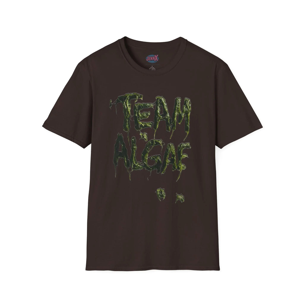 Dark brown protest tee with 'TEAM ALGAE' in dripping green algae graphic, unique artist-designed statement shirt
