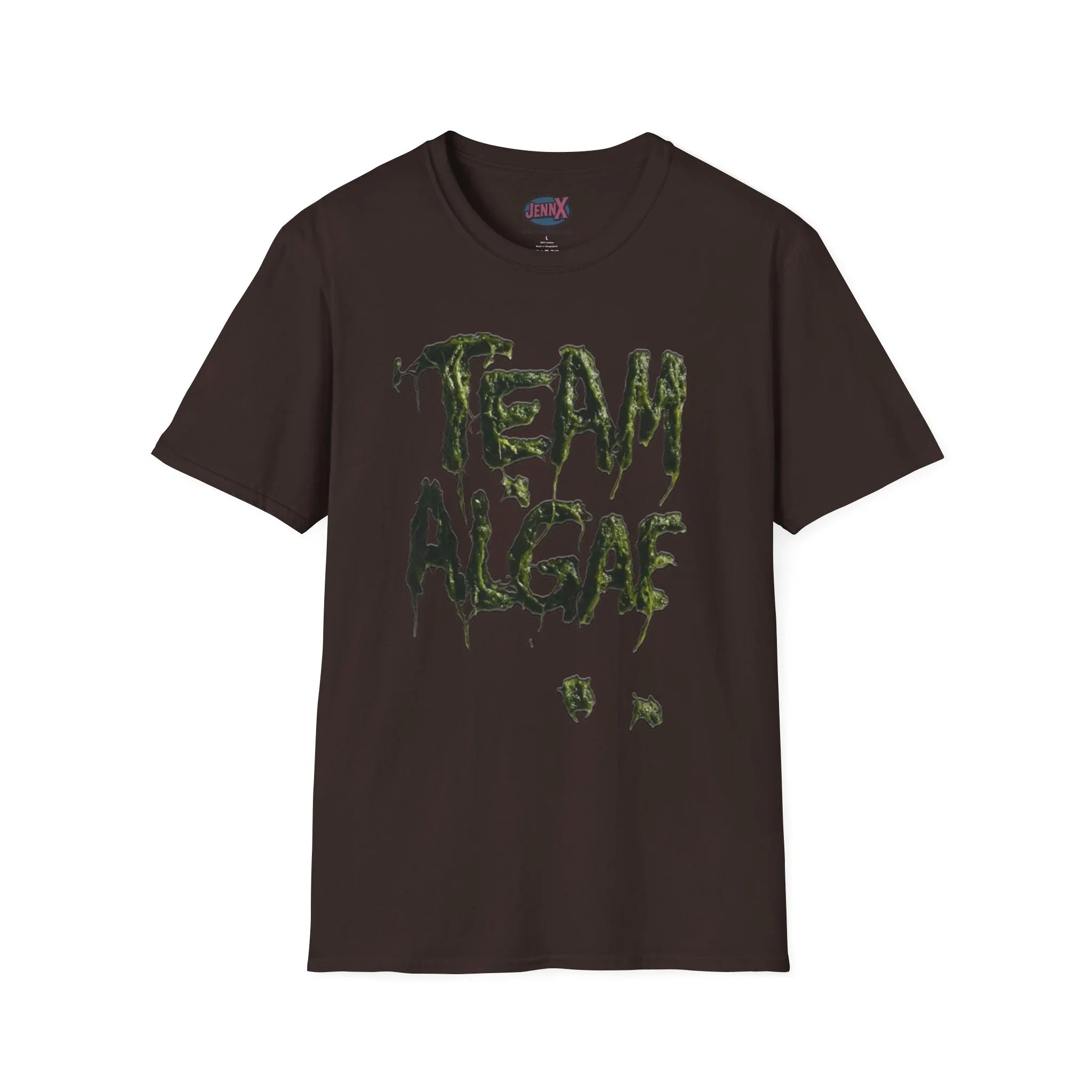 Dark brown protest tee with 'TEAM ALGAE' in dripping green algae graphic, unique artist-designed statement shirt