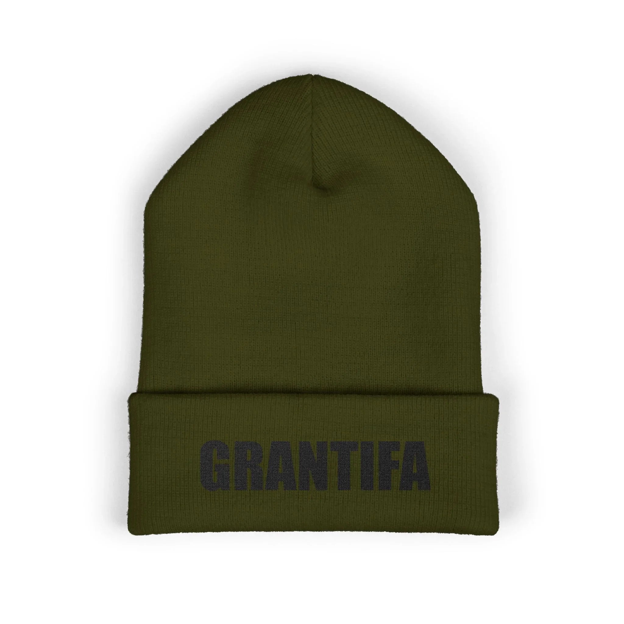 Olive green beanie with bold GRANTIFA text, activism protest merch, statement accessory