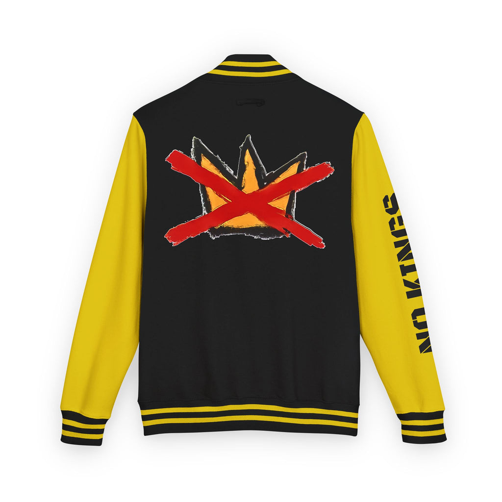 No Kings March Ultimate Protest Jacket I Hand-Drawn Crown Letterman Jacket | Black yellow varsity
