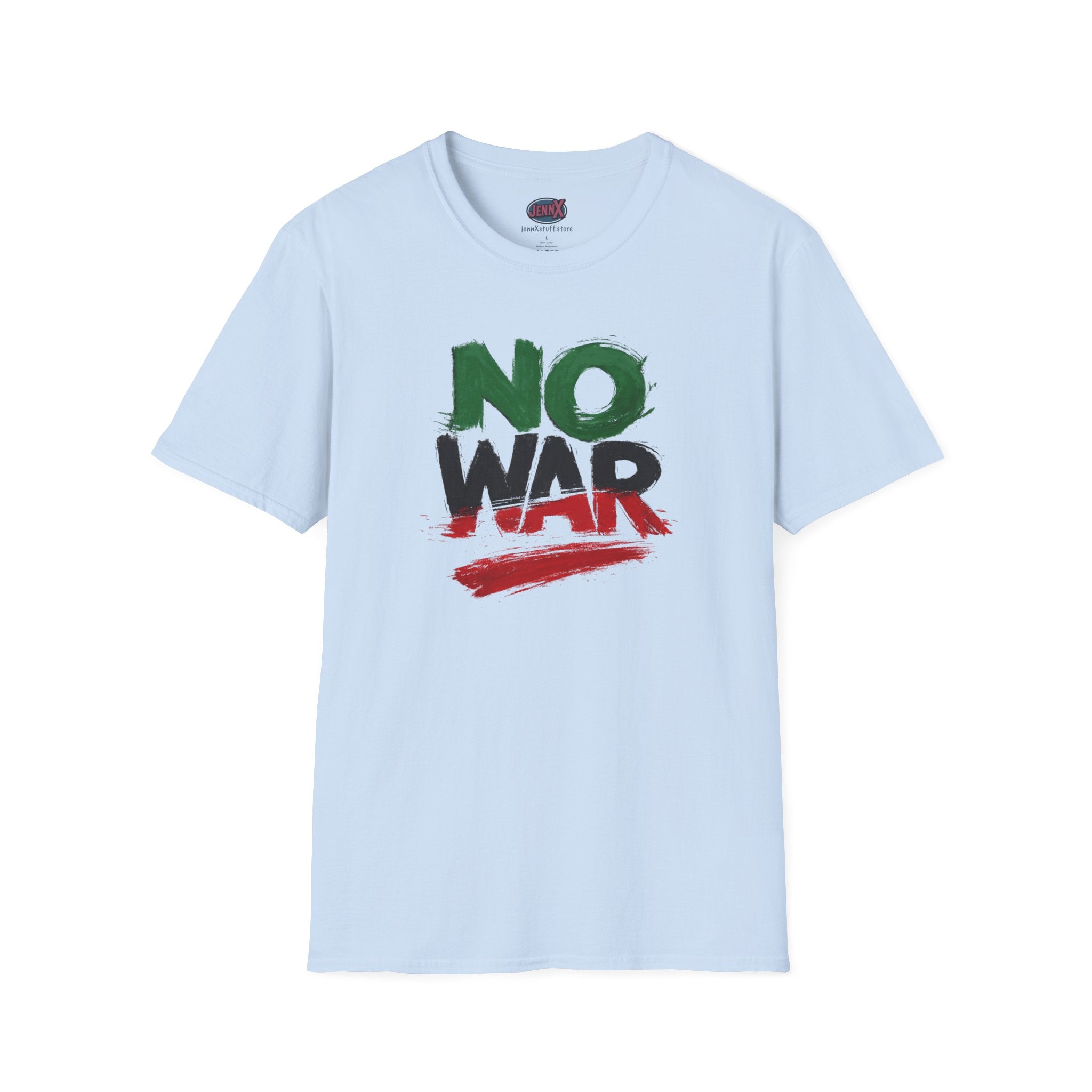 No War brushstroke design T-Shirt | Green Black Red anti-war slogan