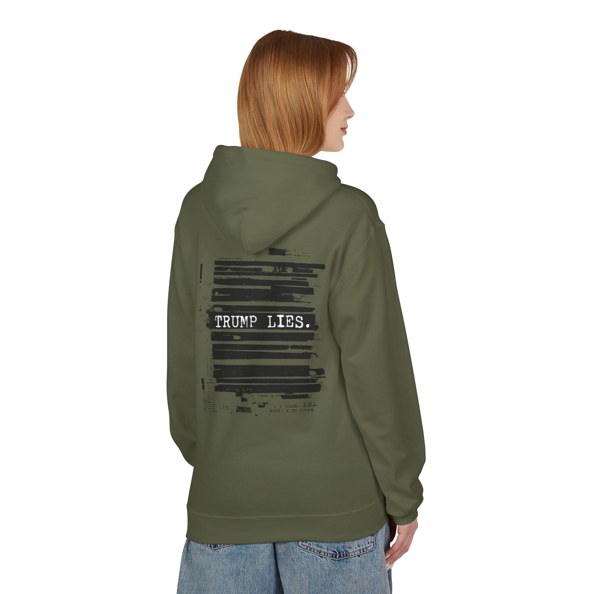 Redacted Document 'TRUMP LIES' Hoodie | Political Statement, Black Ink Print