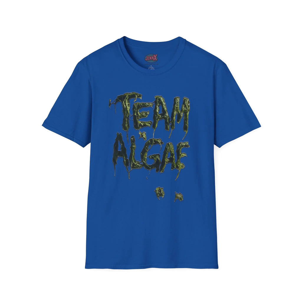 Blue protest tee with 'Team Algae' in dripping green algae design, unique artist-made political graphic shirt