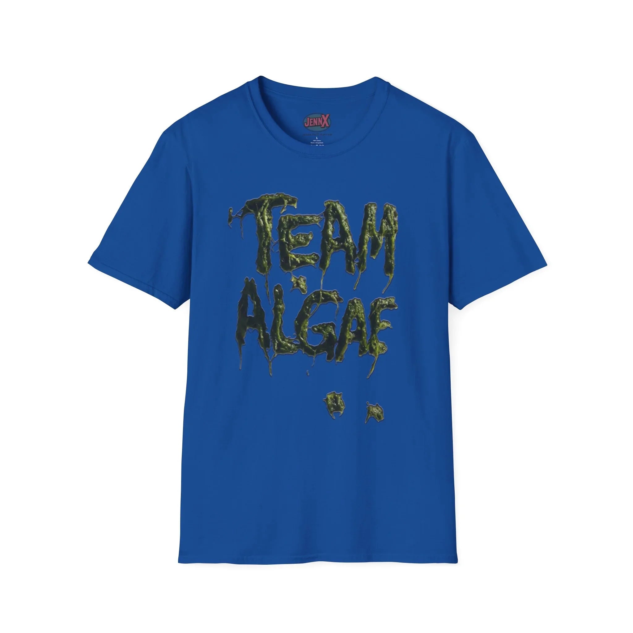 Blue protest tee with 'Team Algae' in dripping green algae design, unique artist-made political graphic shirt