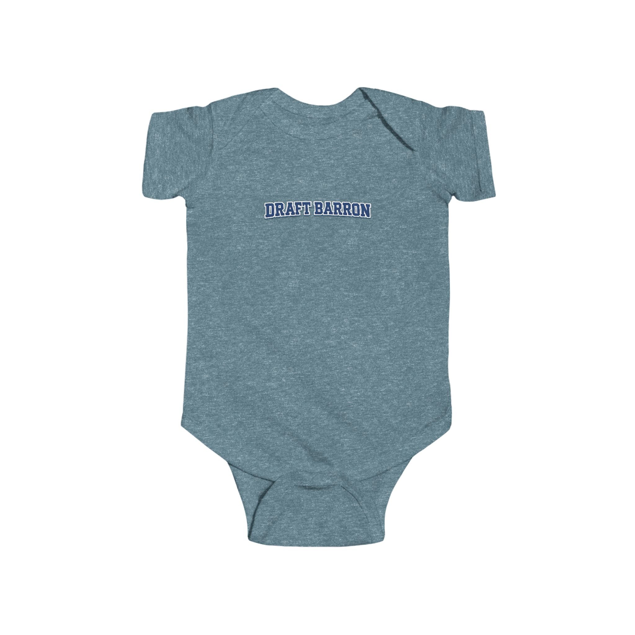 Draft Baron bodysuit Infant Bodysuit | baby onesie with blue varsity text