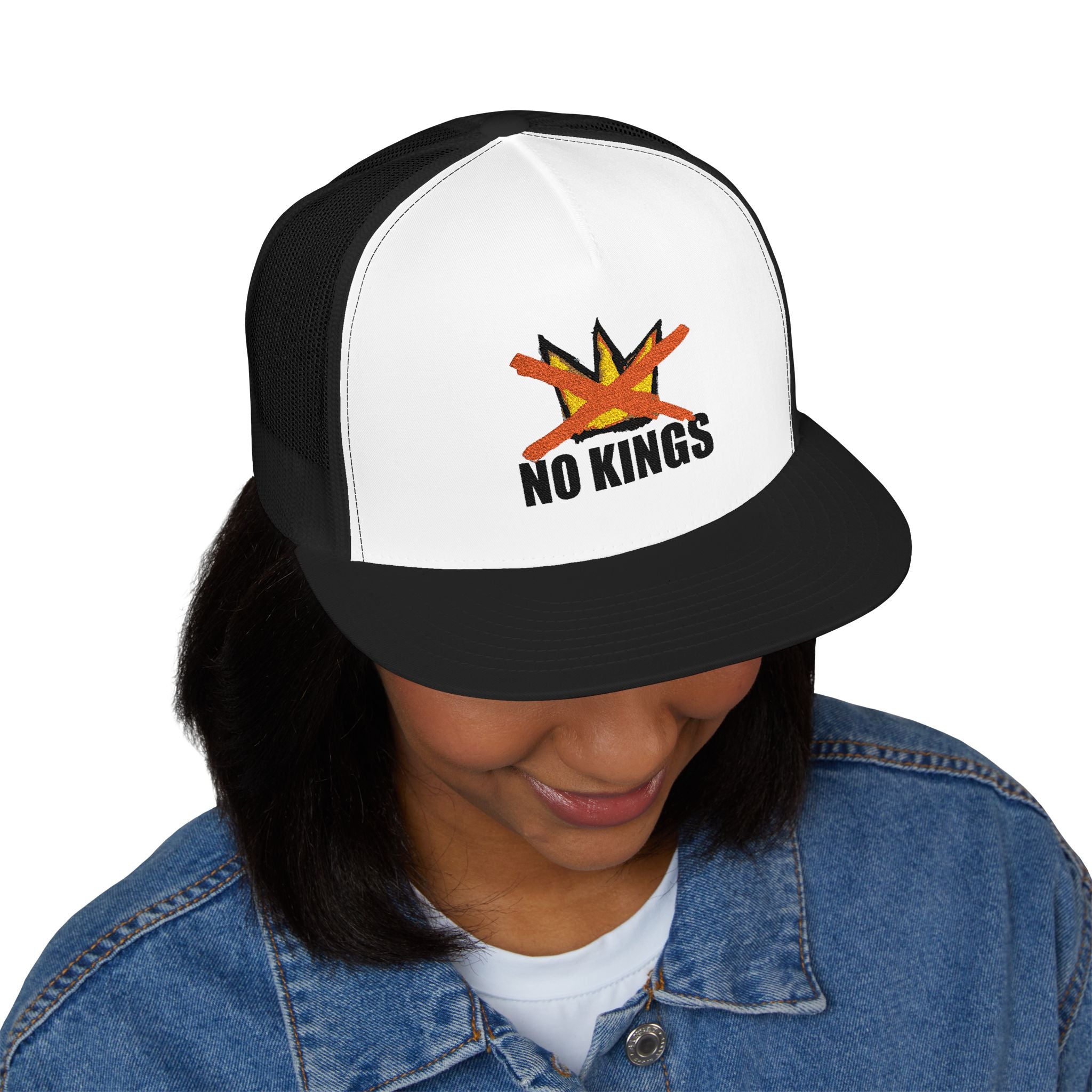 No Kings flame skull embroidery Trucker Cap | 5-panel mesh hat