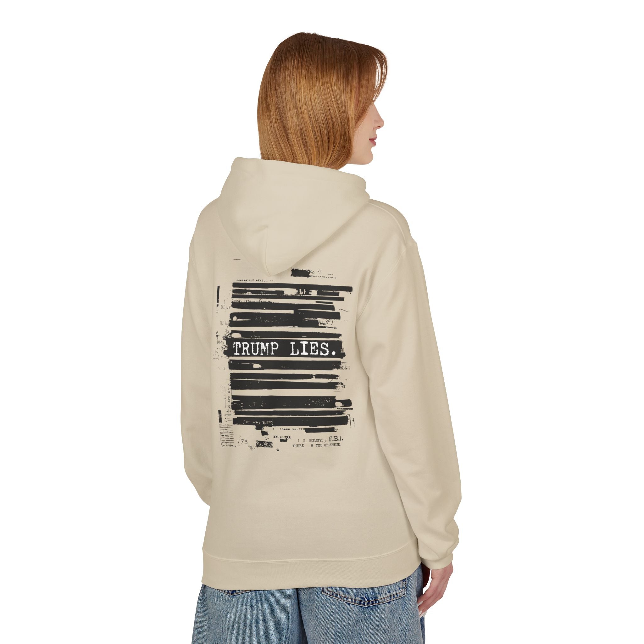 Redacted Document 'TRUMP LIES' Hoodie | Political Statement, Black Ink Print