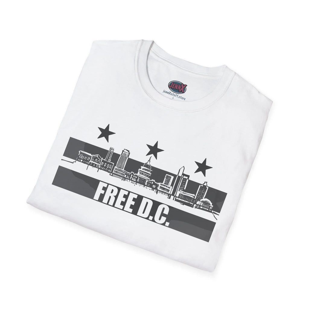 White protest tshirt with 'FREE D.C.' slogan and Washington DC skyline graphic