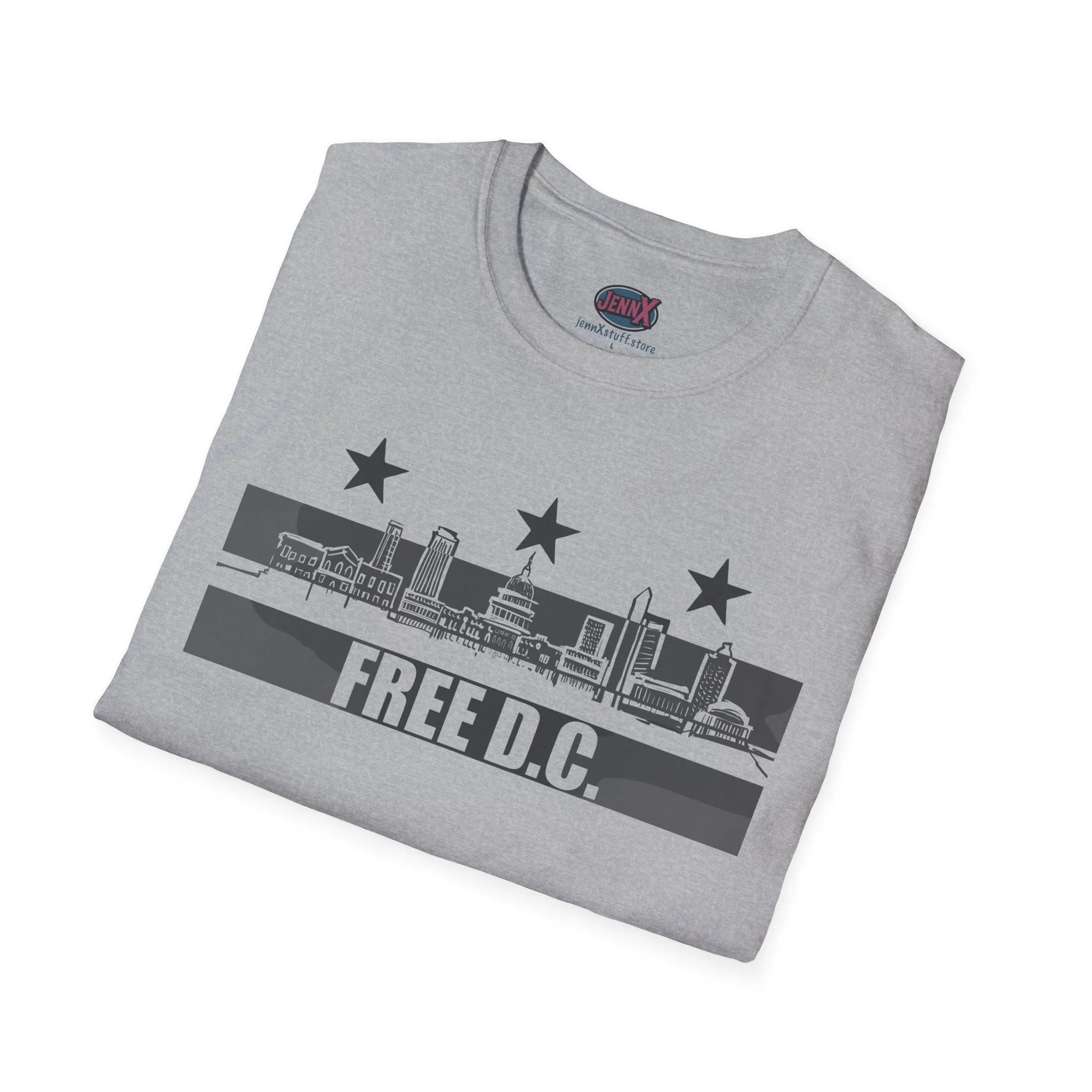 Gray protest t-shirt with 'Free D.C.' slogan and Washington DC skyline graphic, activist apparel