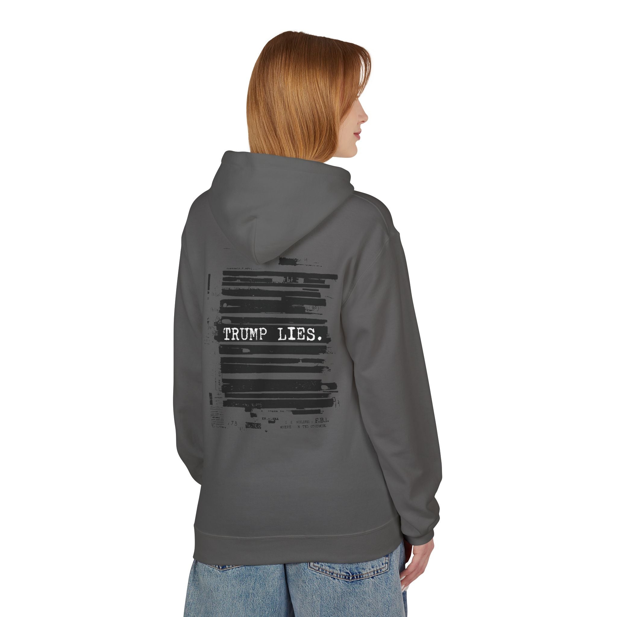 Redacted Document 'TRUMP LIES' Hoodie | Political Statement, Black Ink Print