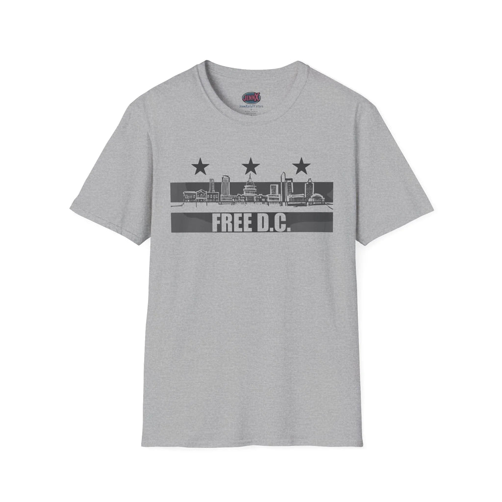 Gray protest t-shirt with 'FREE D.C.' slogan and hand-drawn Washington DC skyline graphic