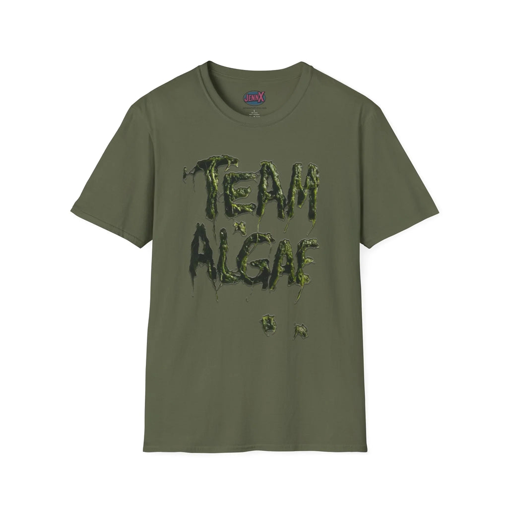 Olive green protest tee with 'TEAM ALGAE' in dripping algae graphic, unique artist-designed activism apparel