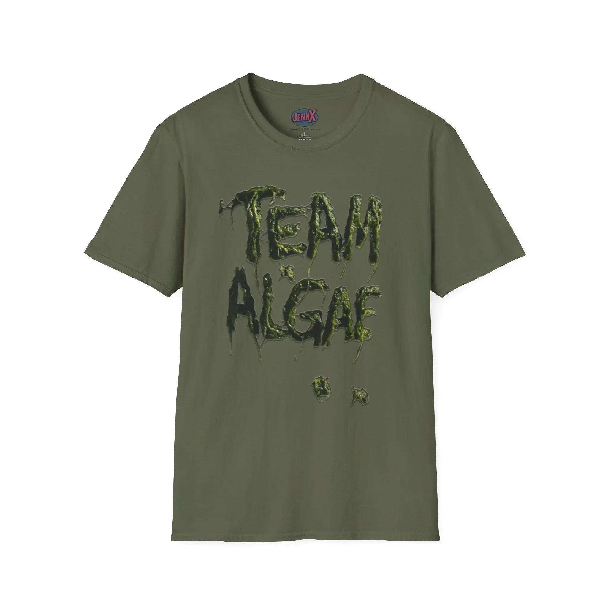 Olive green protest tee with 'TEAM ALGAE' in dripping algae graphic, unique artist-designed activism apparel