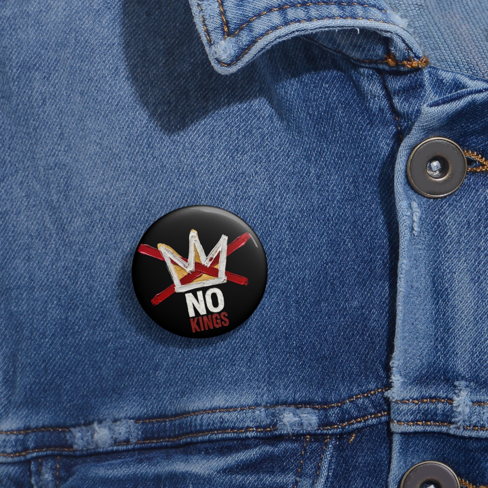 No Kings crown design Pin Button | Round political protest enamel style pin