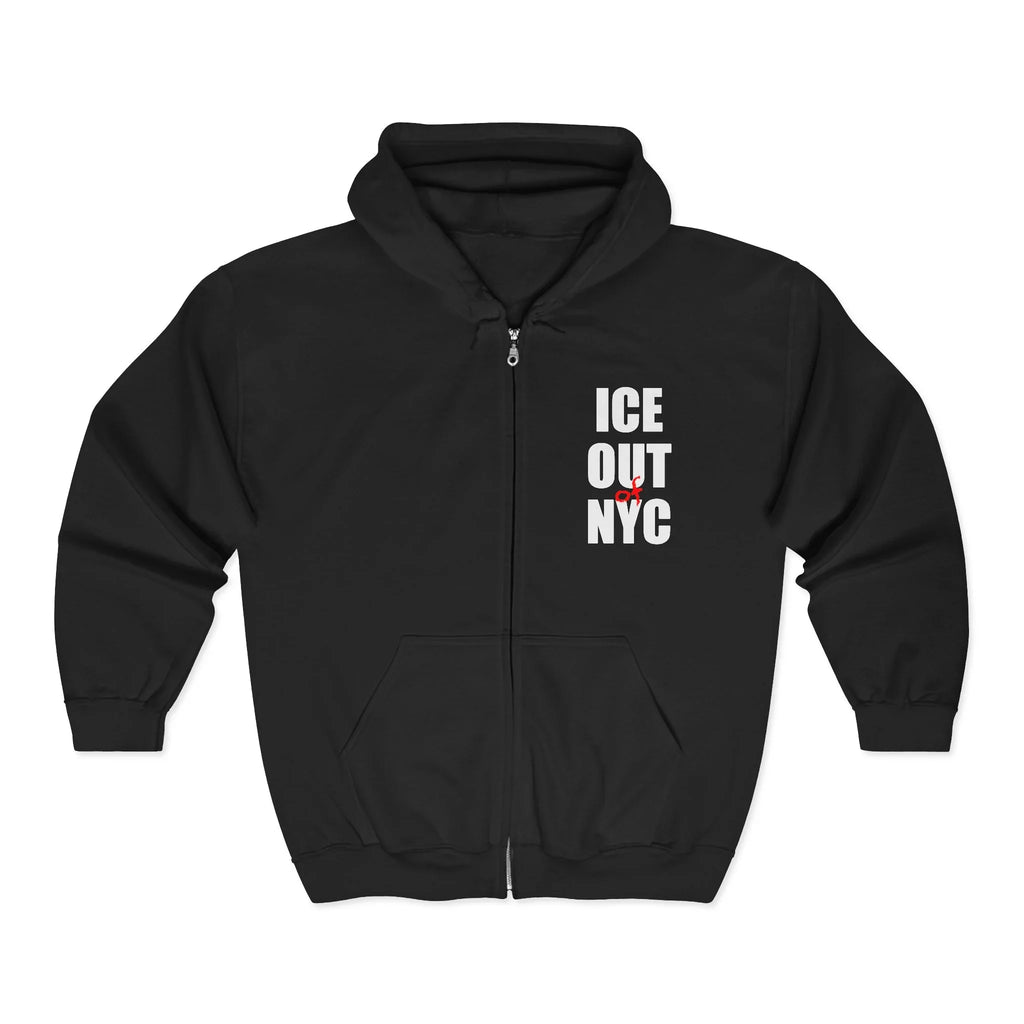 Black protest hoodie with 'ICE OUT NYC' white text and red protest symbol on chest