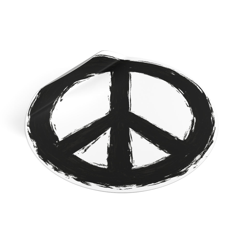 Hand-Painted Peace Symbol Round Vinyl Sticker | Black Brushstroke Peace Sign