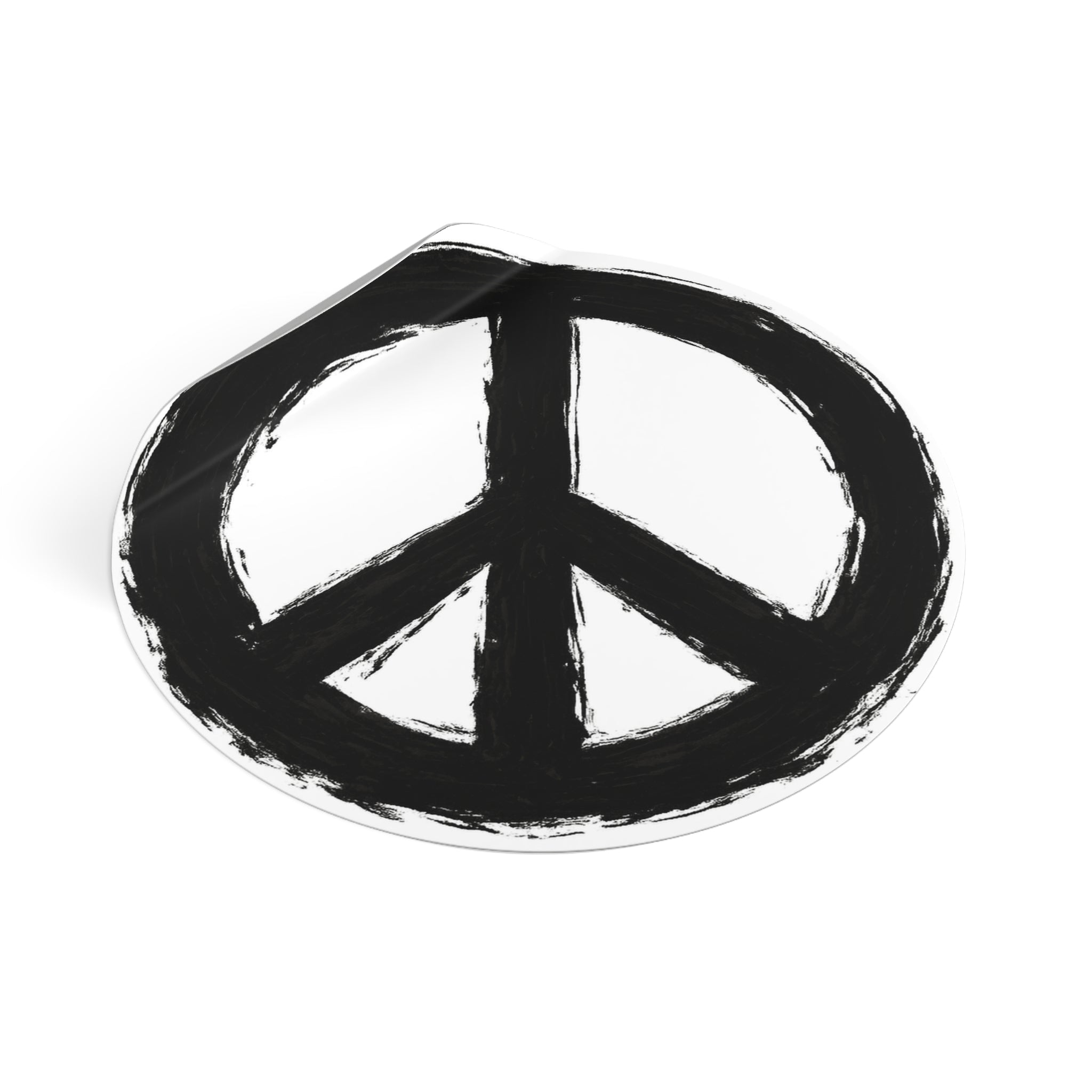 Hand-Painted Peace Symbol Round Vinyl Sticker | Black Brushstroke Peace Sign