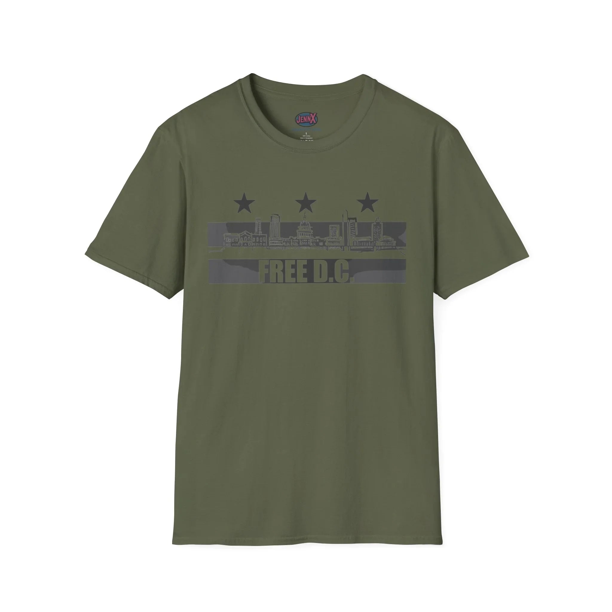 Olive green protest t-shirt with 'Free D.C.' slogan and Washington D.C. skyline graphic.