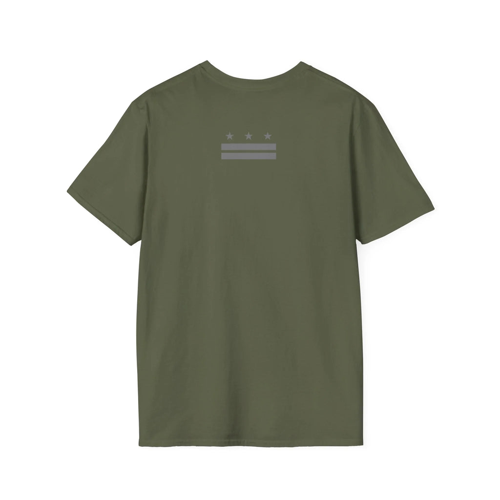 Olive green protest t-shirt with minimalist three-star, two-bar design on back