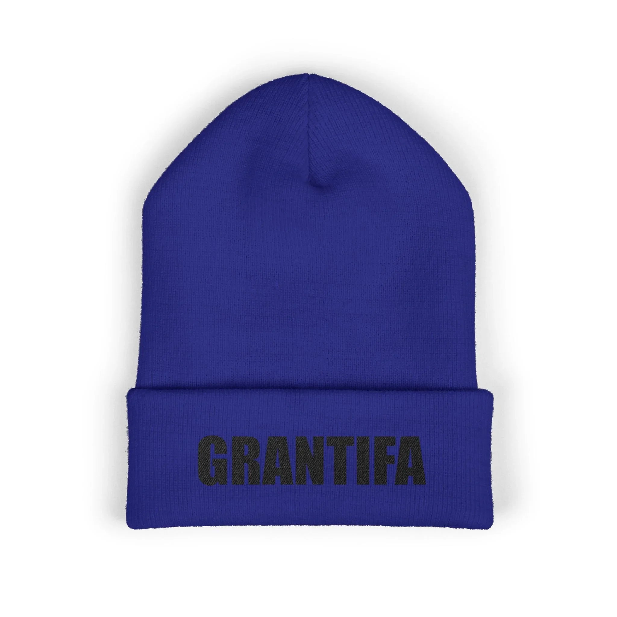 Blue beanie hat with bold black GRANTIFA text, protest statement winter accessory