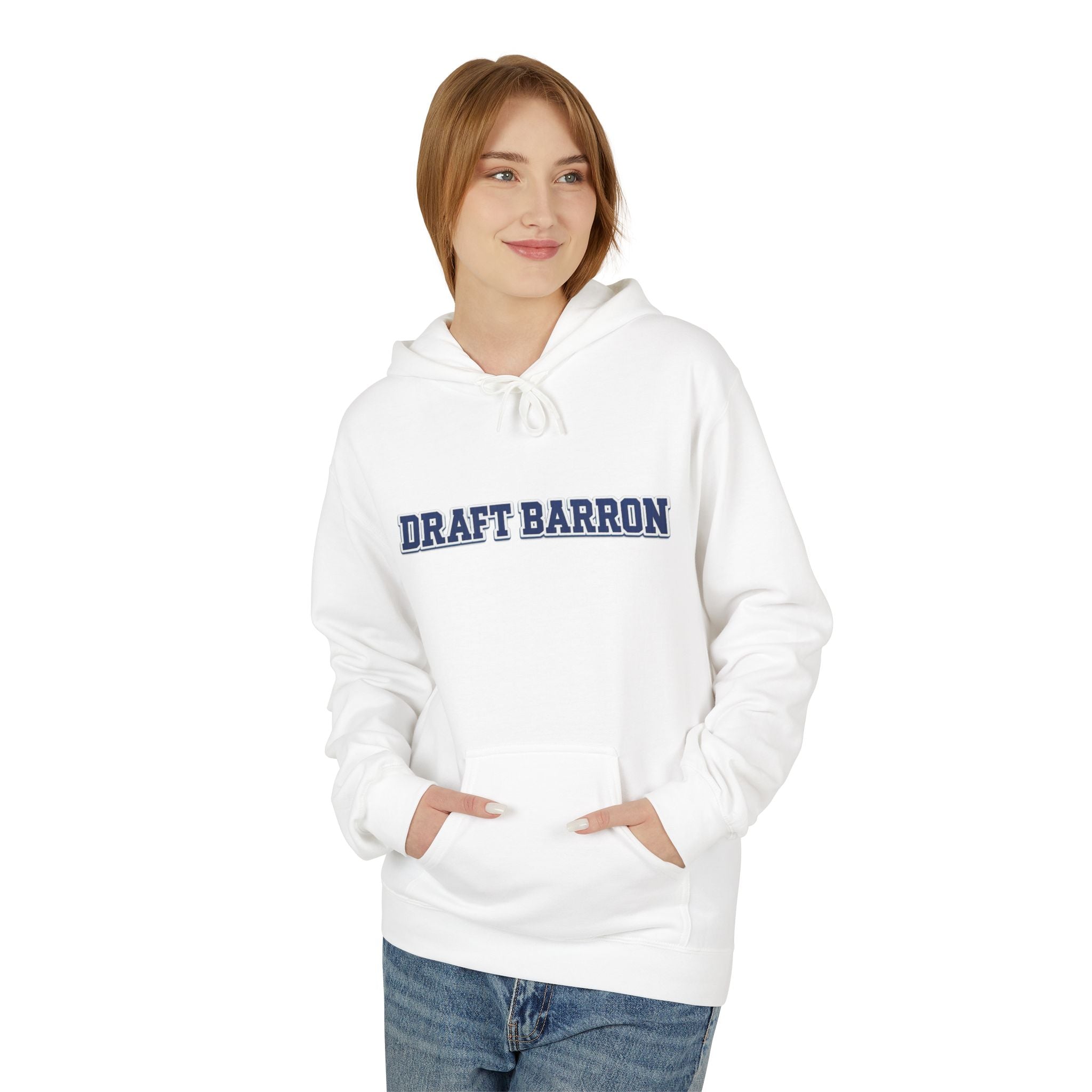 Draft Barron Hoodie | Collegiate Text Logo, White Pullover