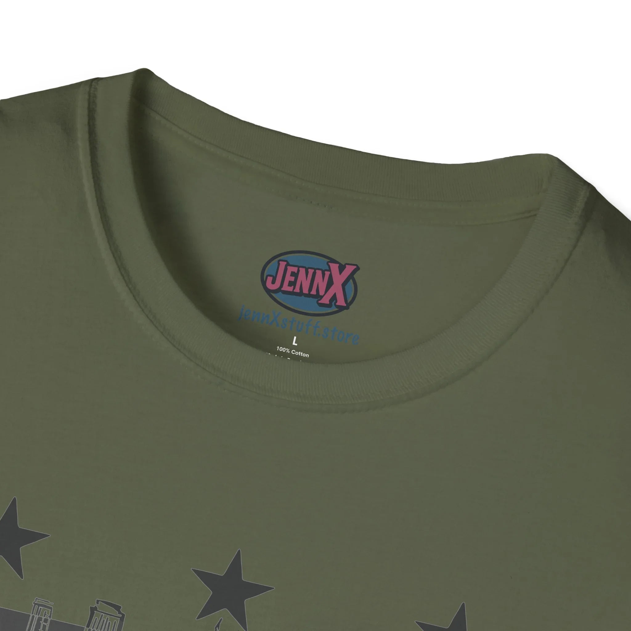 Closeup of olive green protest graphic tee collar with bold stars and activist-themed print