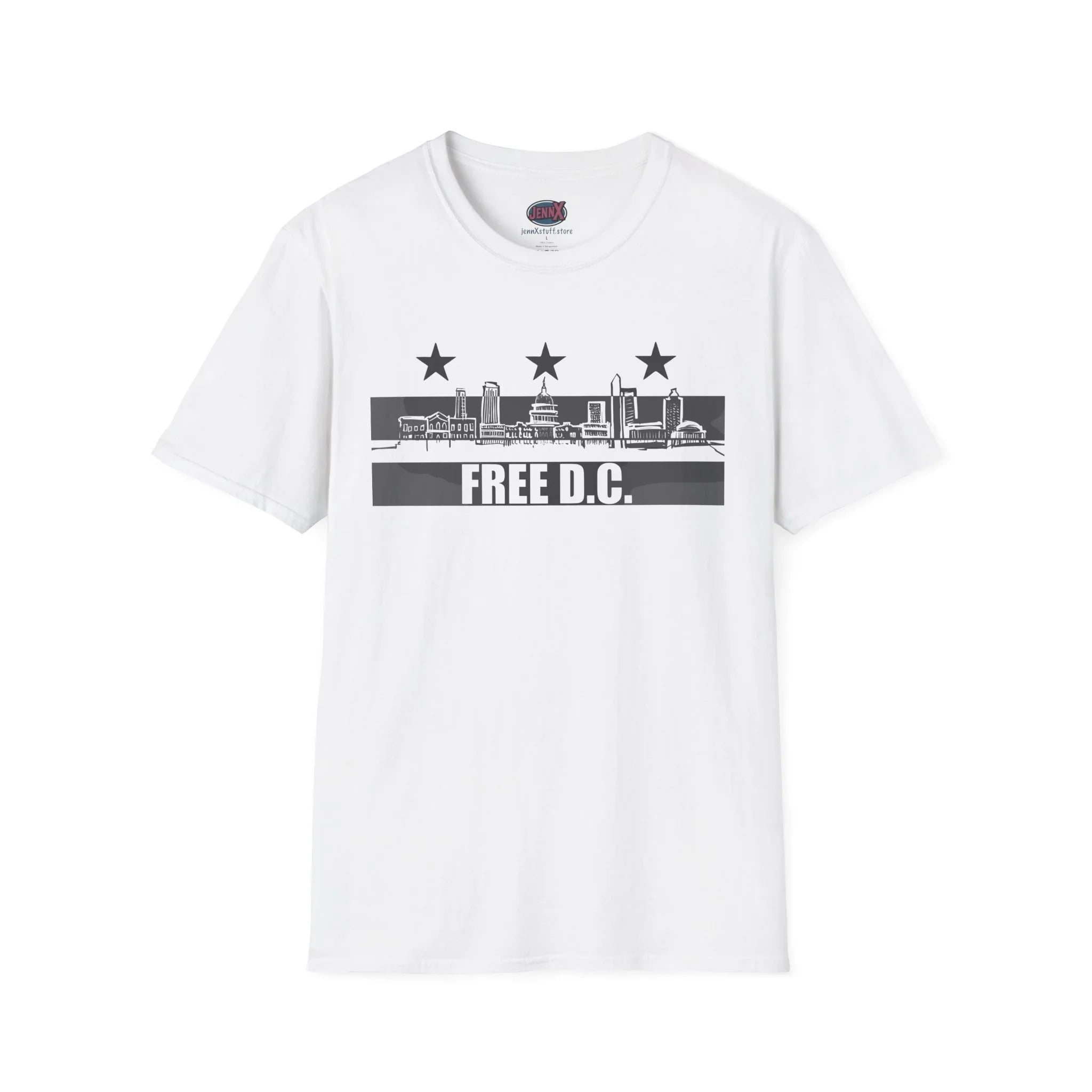 White protest t-shirt with 'FREE D.C.' text, city skyline, and three stars graphic