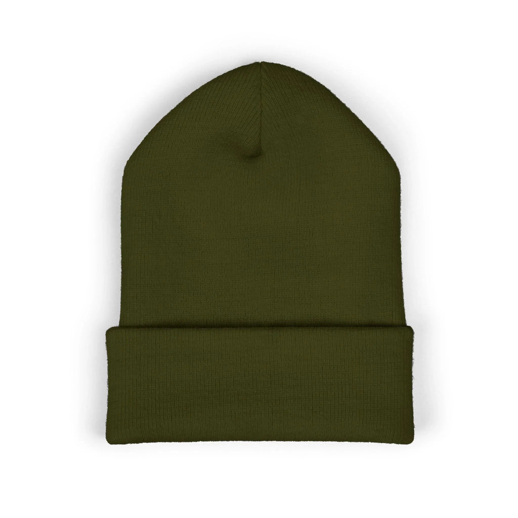 Solid olive green knit beanie hat, unisex protest apparel, minimalist statement style