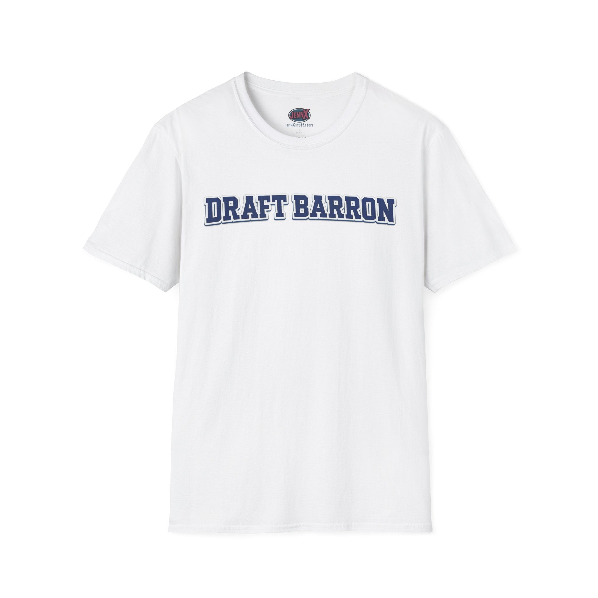 Draft Barron T-Shirt | Collegiate Block Text, White Tee