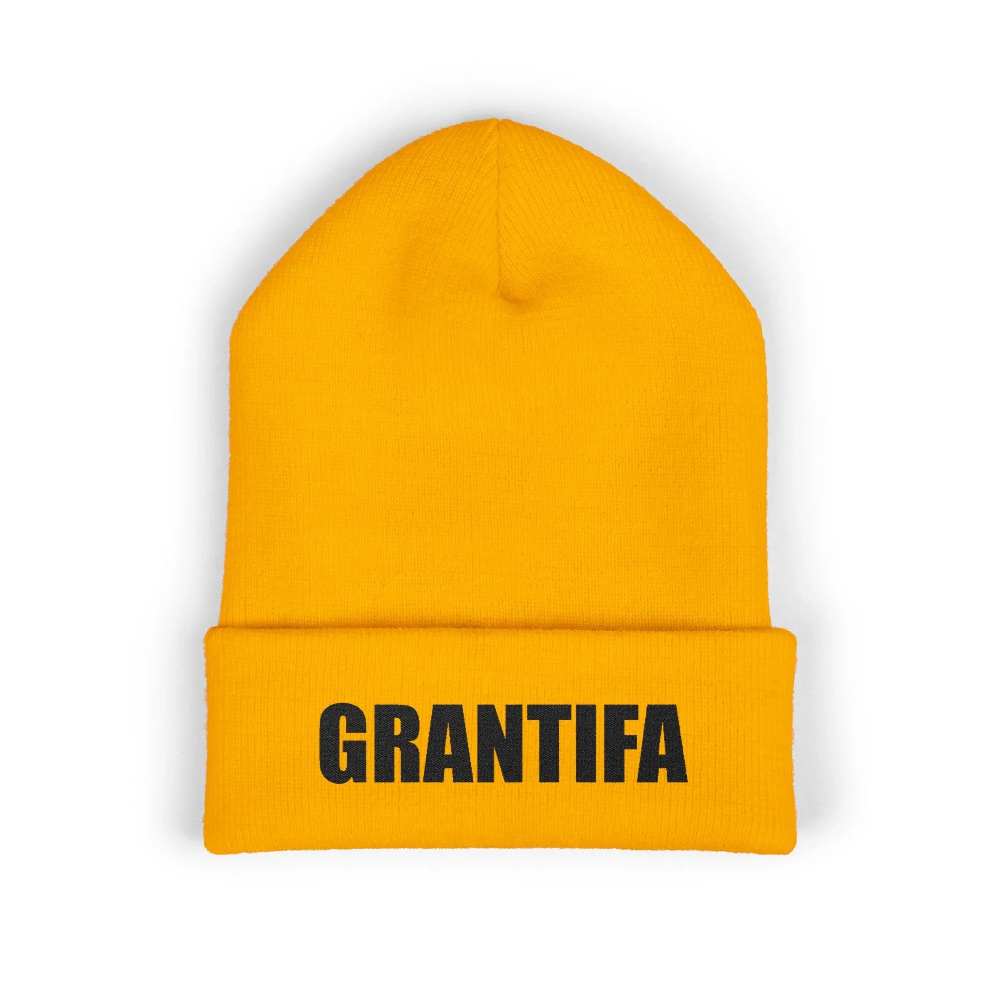 Yellow protest beanie with bold GRANTIFA text, activism statement winter hat