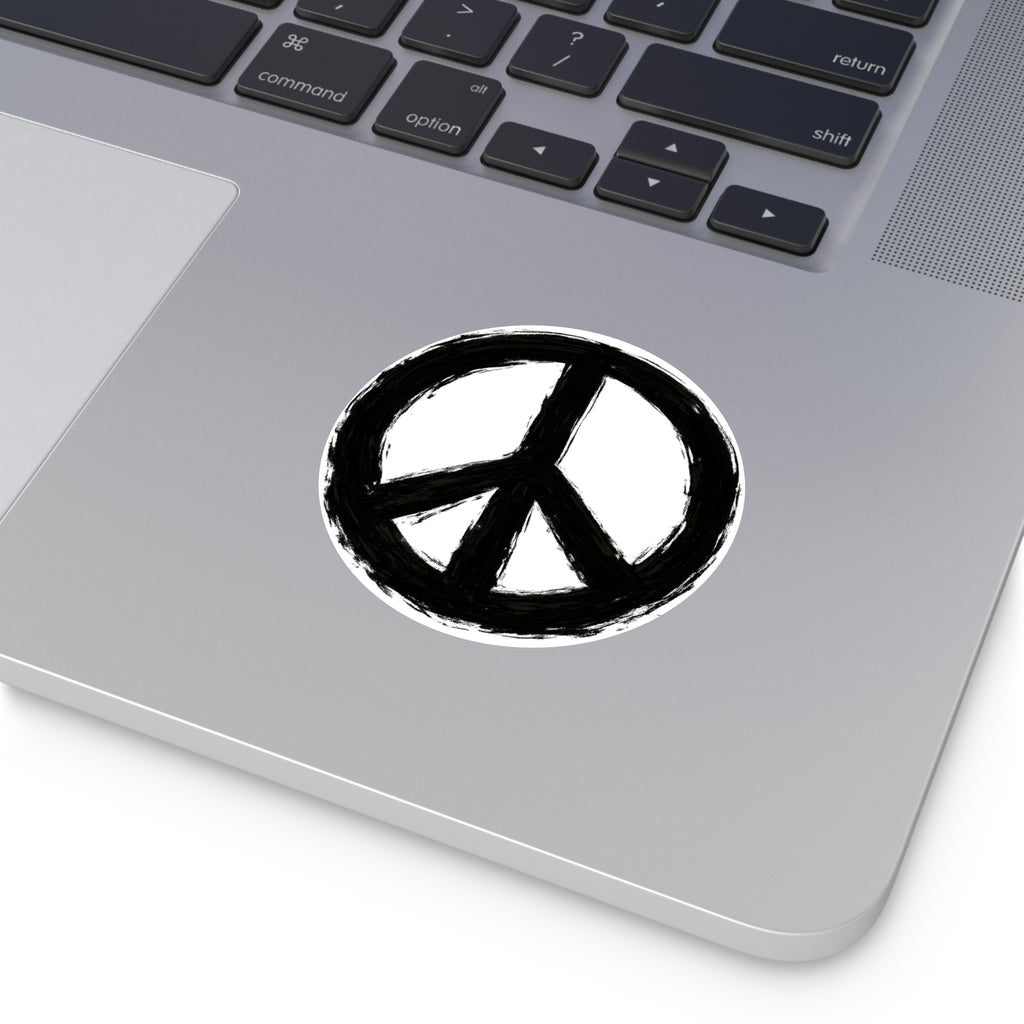 Hand-Painted Peace Symbol Round Vinyl Sticker | Black Brushstroke Peace Sign