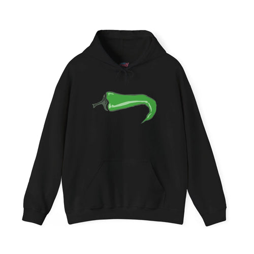 Black hoodie with hand-drawn green chili pepper graphic, protest apparel statement piece