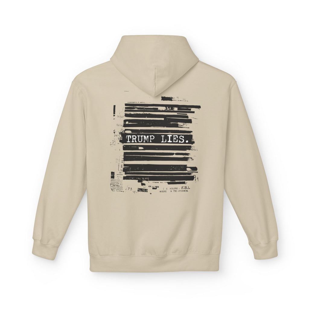 Redacted Document 'TRUMP LIES' Hoodie | Political Statement, Black Ink Print