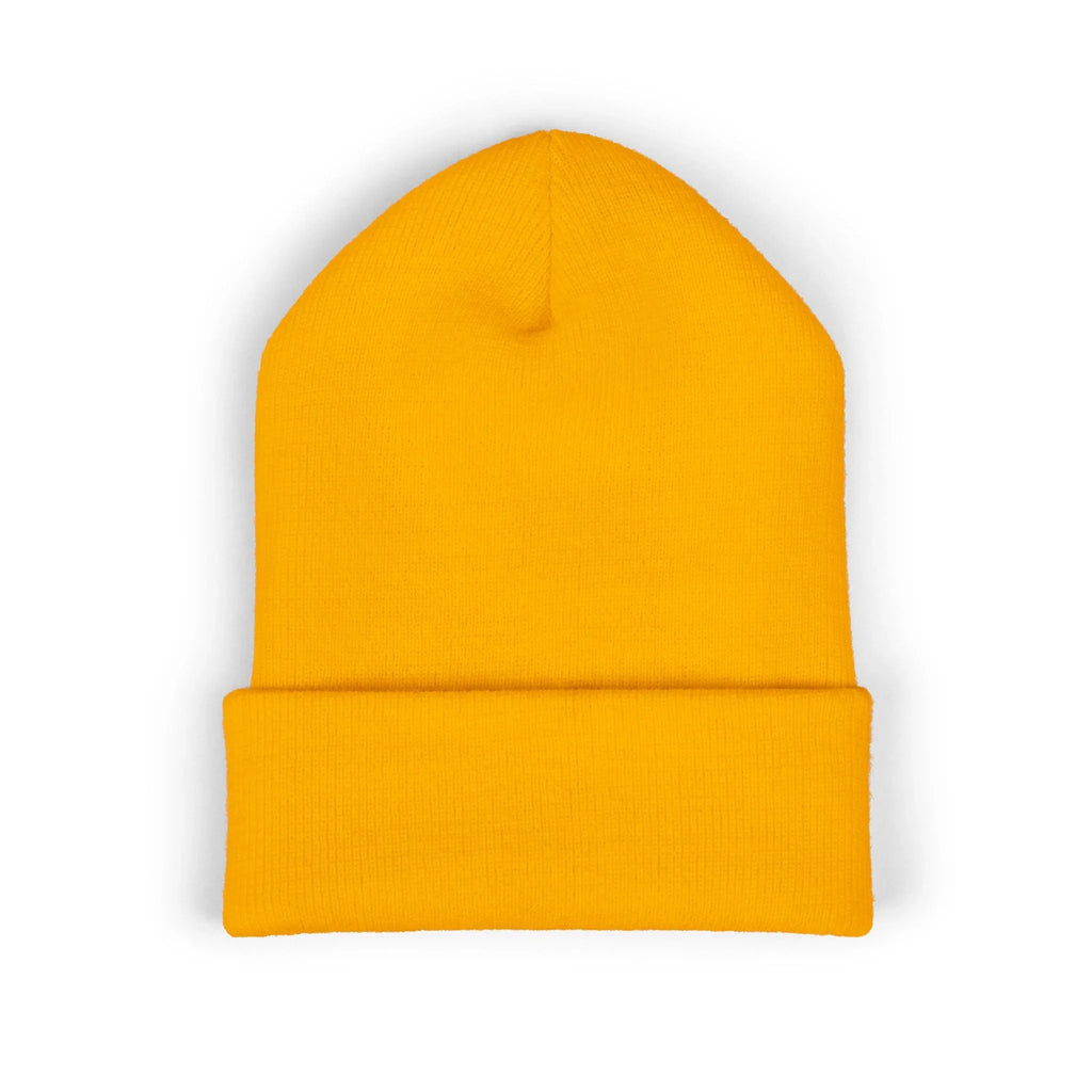 Bright yellow knit beanie hat, simple bold protest accessory, folded cuff, isolated on white