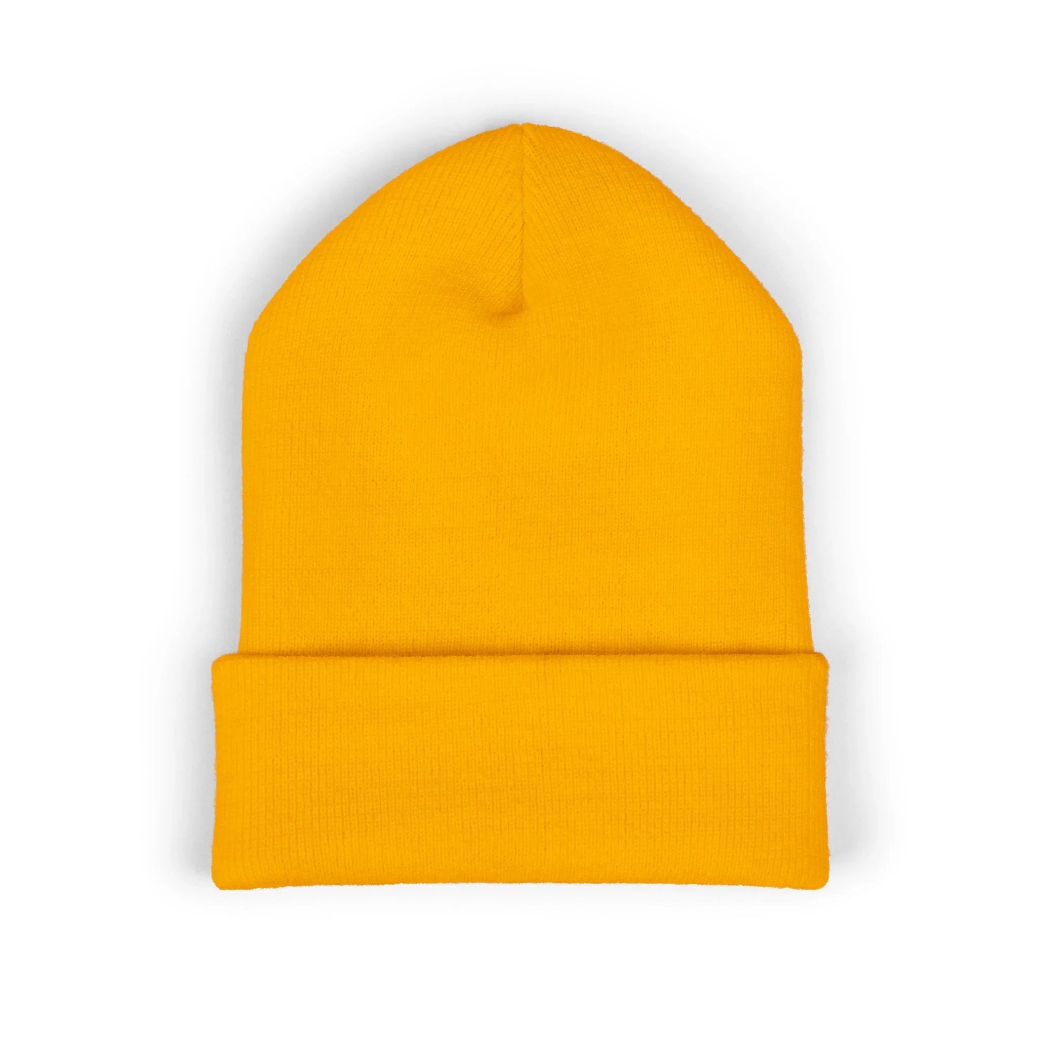 Bright yellow knit beanie hat, simple bold protest accessory, folded cuff, isolated on white