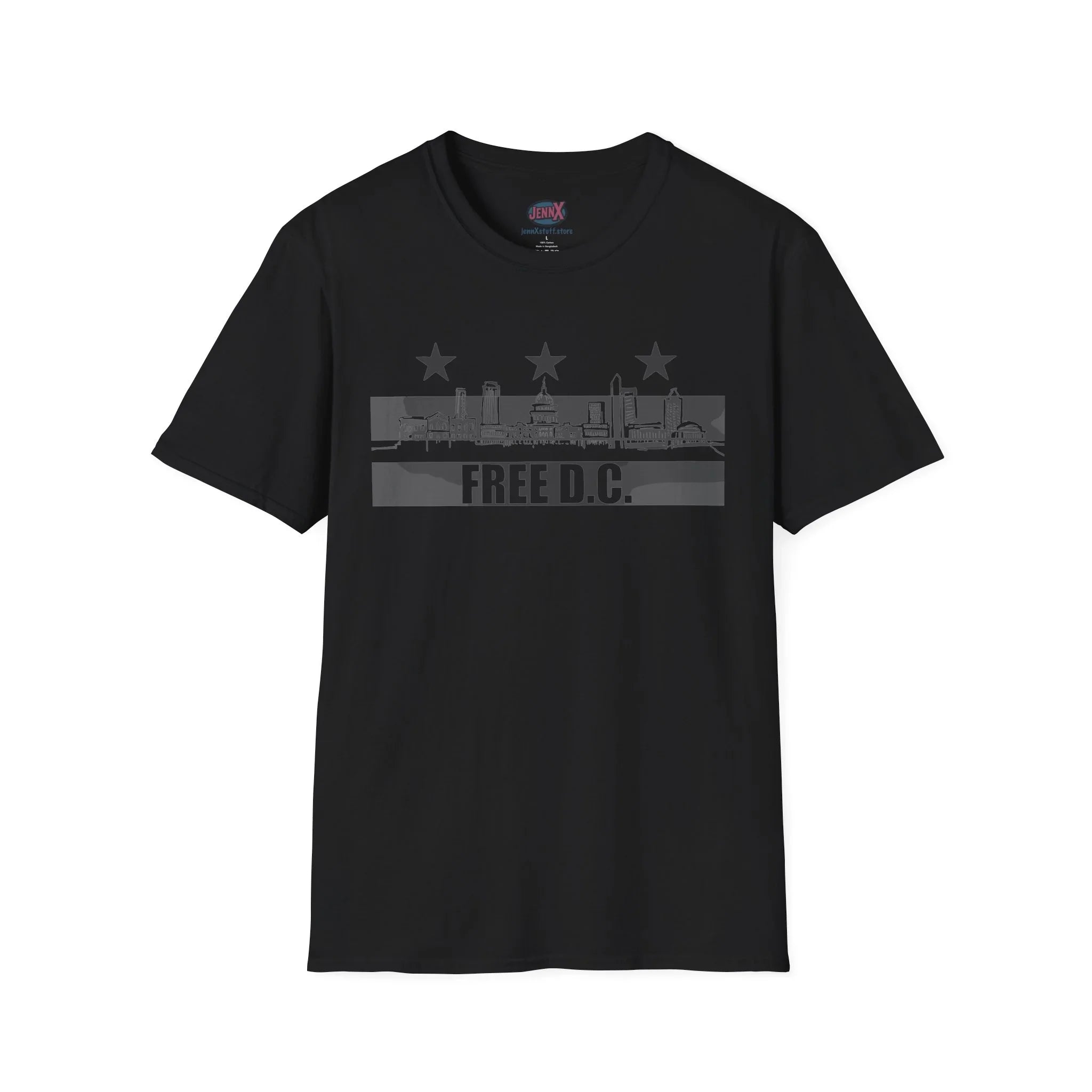 Black protest t-shirt with 'FREE D.C.' slogan and Washington DC skyline graphic.