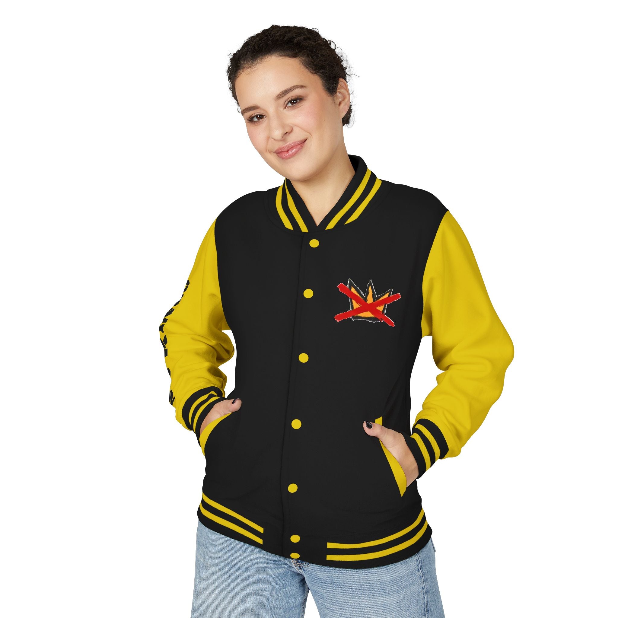 No Kings March Ultimate Protest Jacket I Hand-Drawn Crown Letterman Jacket | Black yellow varsity