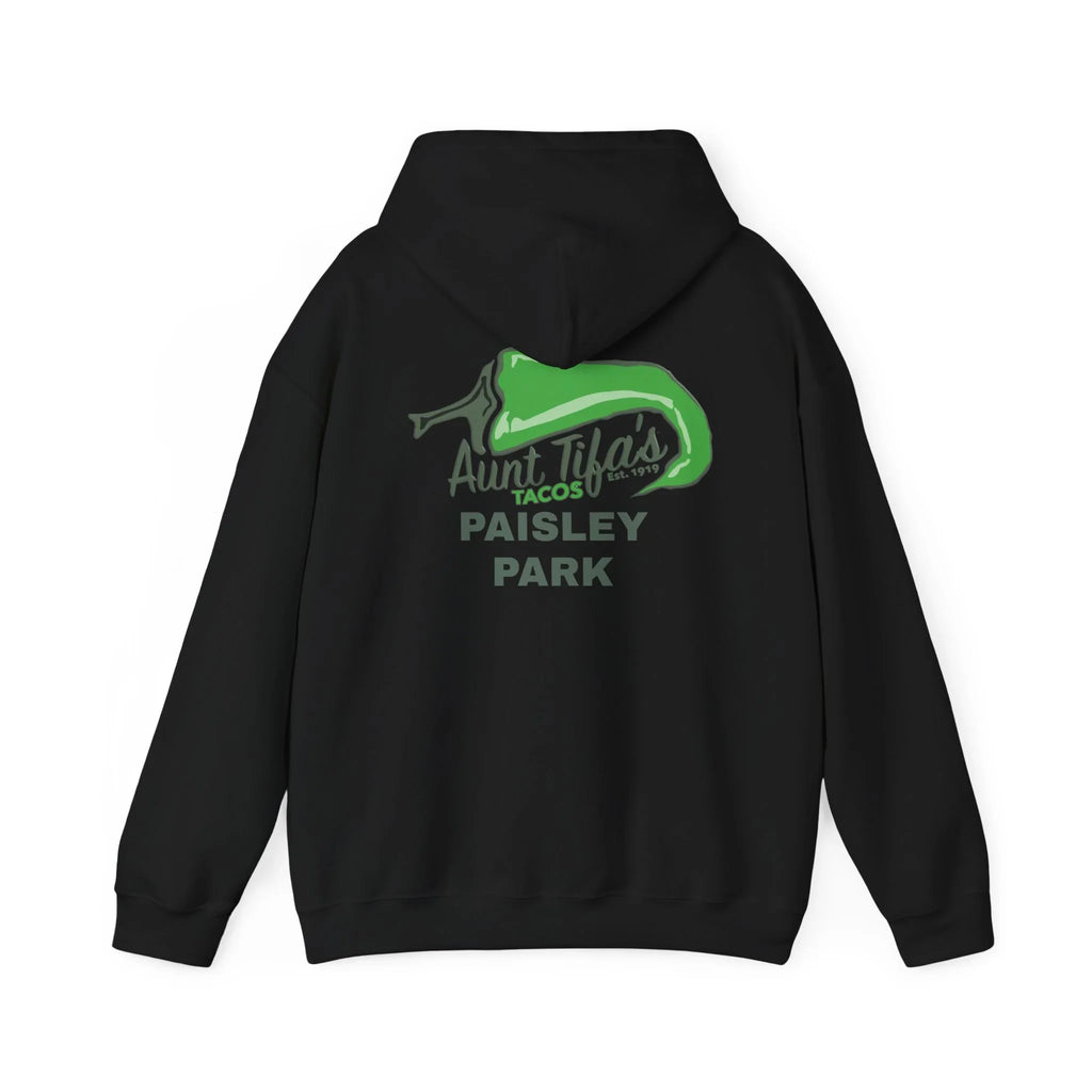 Black hoodie with green pepper graphic and 'Aunt Tifa's Tacos Paisley Park' protest design on back