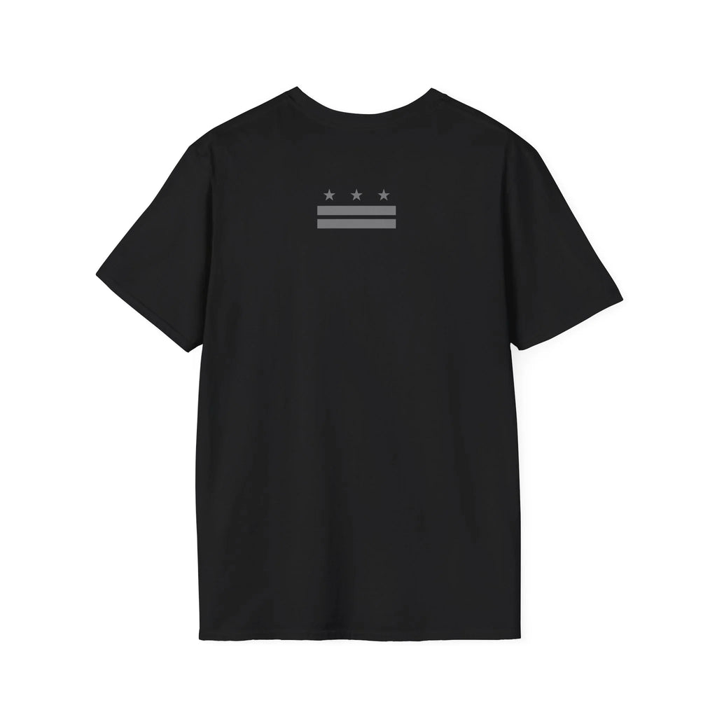 Black protest t-shirt with minimalist three stars and stripes graphic on back
