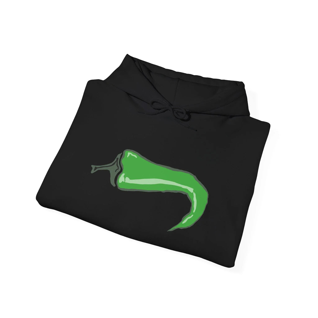Black protest hoodie with bold green chili pepper graphic, activist statement apparel