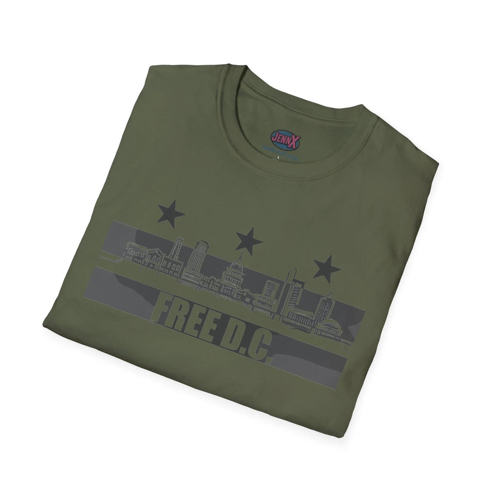 Olive green protest t-shirt with 'FREE D.C.' and Washington DC skyline graphic