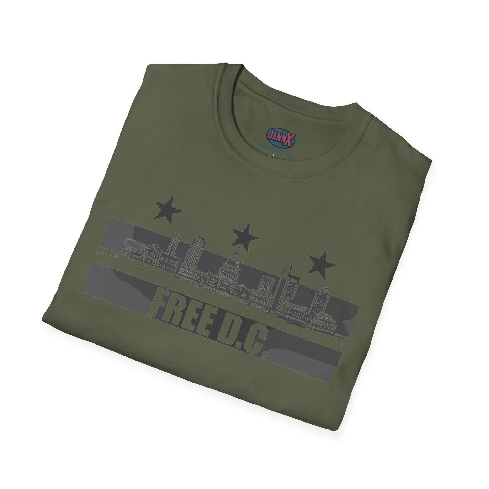 Olive green protest t-shirt with 'FREE D.C.' and Washington DC skyline graphic