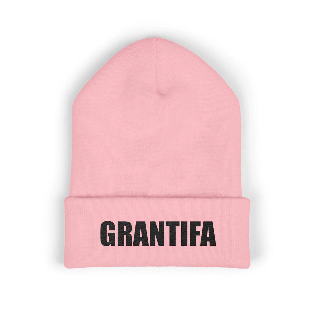 Pink protest beanie hat with bold black GRANTIFA text, activism statement winter apparel