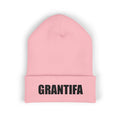 Pink protest beanie hat with bold black GRANTIFA text, activism statement winter apparel