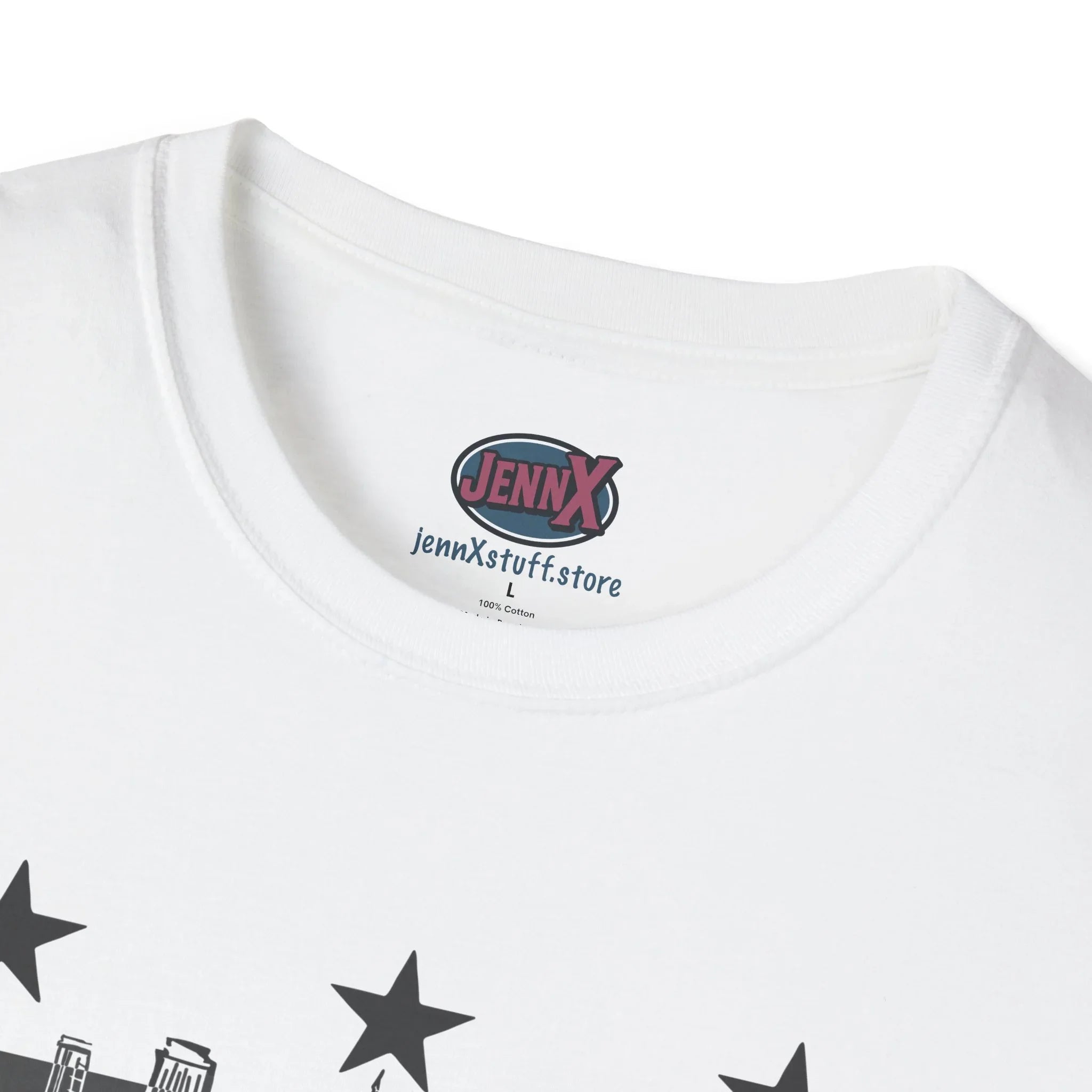 Protest graphic tee neckline with bold black stars, label shows jennXstuff.store logo